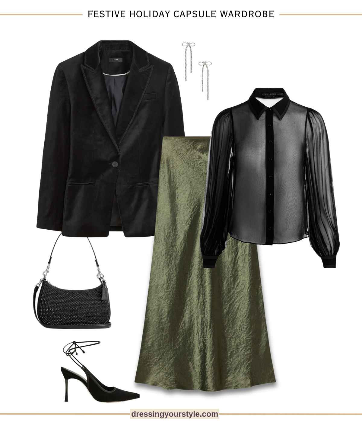 Olive green satin slip skirt holiday party outfit with velvet blazer and sheer blouse. Modest party outfit. Over 40 outfit  

#LTKOver40 #LTKParties #LTKSeasonal