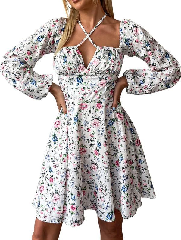 Women's Summer Puff Sleeve Floral Split Maxi Dress Flowy A Line Casual Beach Long Dresses | Amazon (US)