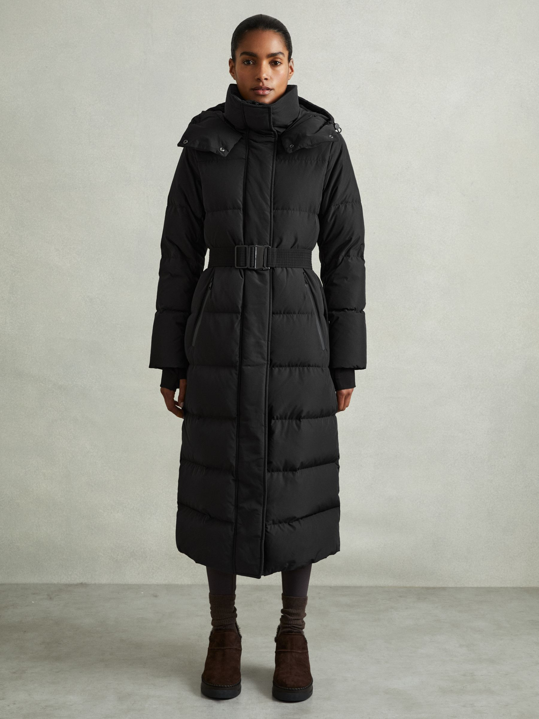 Reiss Longline Hooded Puffer Coat in Black - REISS | Reiss UK