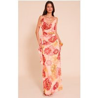 Pink Floral Printed Chiffon Strappy Frill Detail Maxi Dress | PrettyLittleThing US