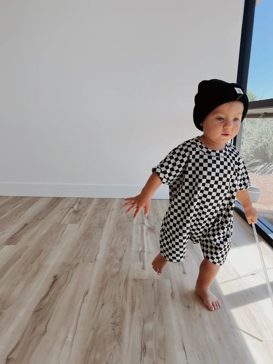 Black & Grey Checkerboard | Short Sleeve Ribbed Romper | Forever French