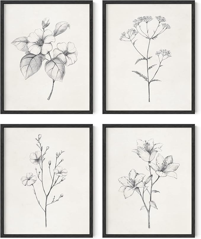 Haus and Hues Grey Floral Wall Art - Set of 4 Plant Posters for Wall Vintage, Botanical Prints, B... | Amazon (US)