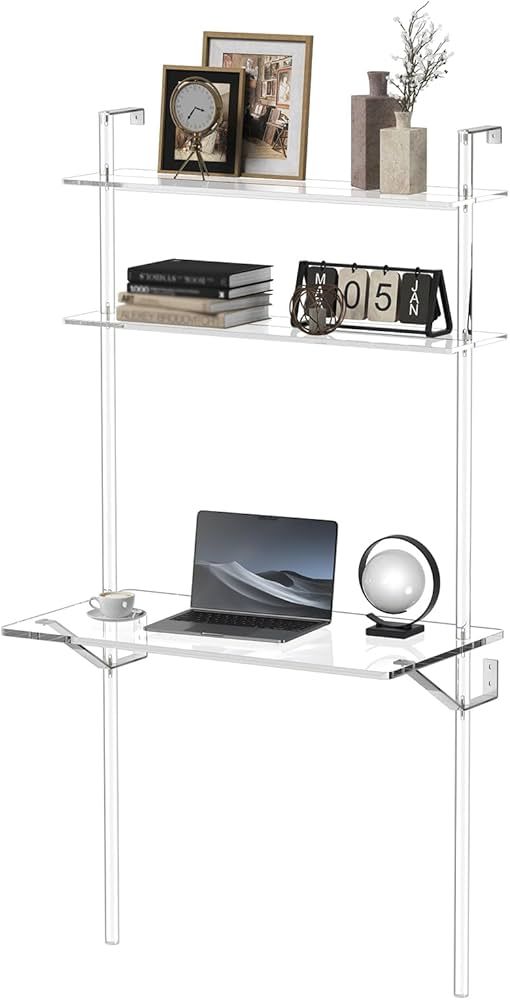 HMYHUM Acrylic Wall Mount Desk, Clear Ladder Desk with Open Shelves, Floating Desk for Laptop, Co... | Amazon (US)