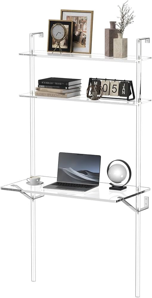 HMYHUM Acrylic Wall Mount Desk, Clear Ladder Desk with Open Shelves, Floating Desk for Laptop, Co... | Amazon (US)
