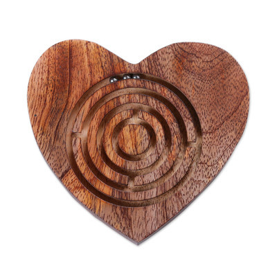 Heart-Shaped Polished Acacia Wood Labyrinth Game from India | NOVICA