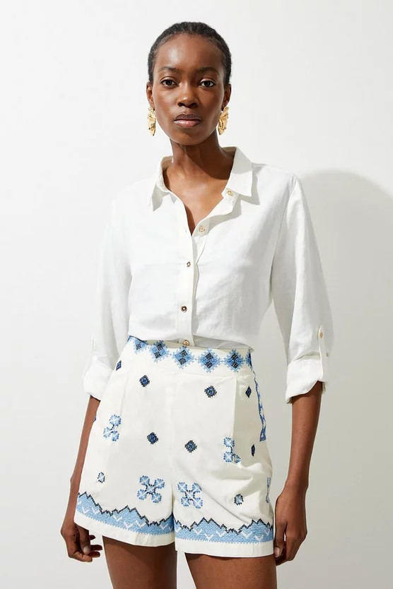 Cotton Embroidered Woven Shorts | Karen Millen UK + IE + DE + NL