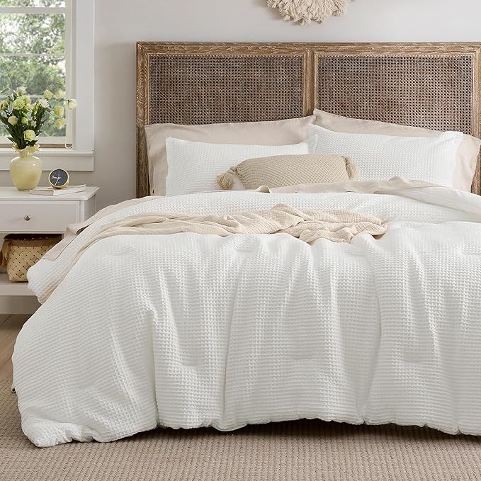 Bedsure Waffle Comforter Set King, White Soft Cotton Comforter King Size, Bedding Set for All Sea... | Amazon (US)