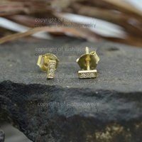 14K Solid Yellow Gold Tiny Bar Stud Earring Handmade Diamond Jewelry Gift For Women • Birthday Anniv | Etsy (US)
