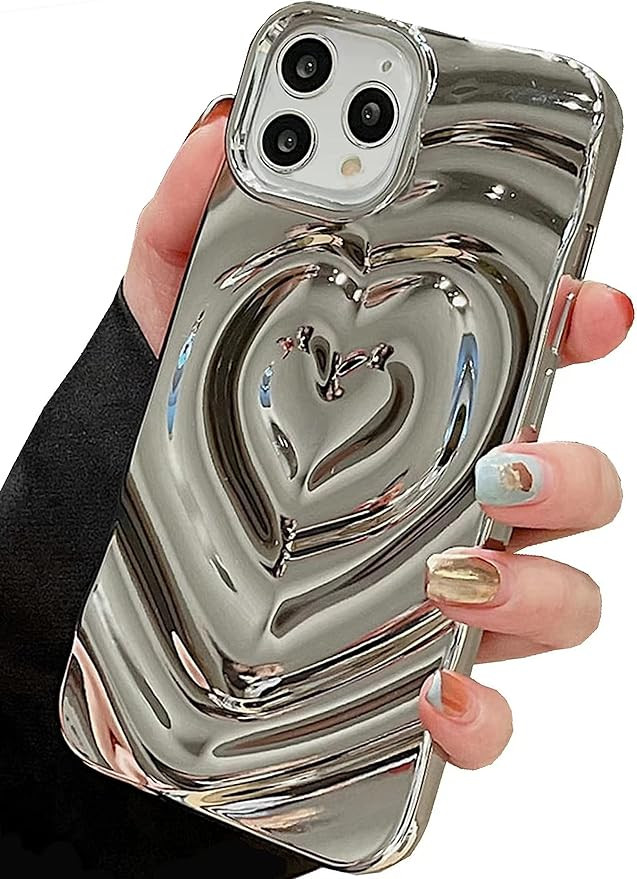 iPhone 13 Pro Love Heart Case, Fashion Cute Soft Silicone Electroplate Silver 3D Heart Water Ripp... | Amazon (US)