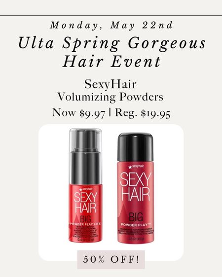 The Ulta Beauty Spring Gorgeous Hair Event is happening now! 50% off Sexy Hair Volumizing Powder today only. 

@ultabeauty
#gorgeoushair
#ultabeauty

#LTKsalealert #LTKbeauty #LTKFind