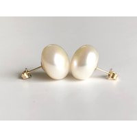 14Kt Yellow Gold 13mm White Button Freshwater Pearl Post Earrings, Real Gold Stud, Large Shape Earri | Etsy (US)