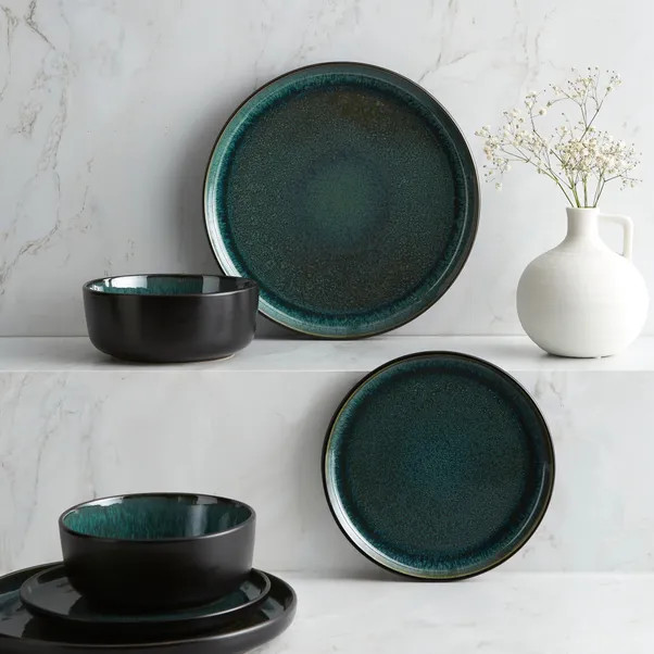 Reactive Glaze 12 Piece Green Dinner Set | Dunelm