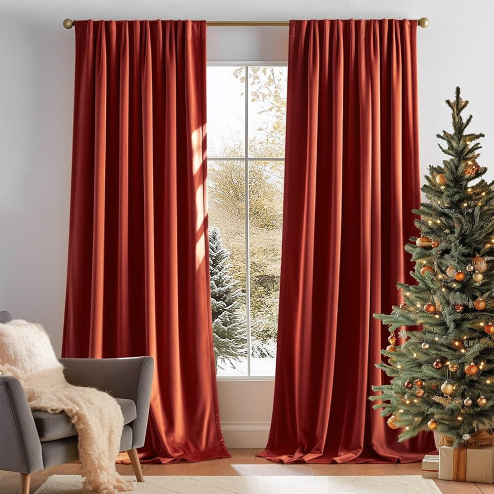 Lazzzy Rust Red Velvet Curtains Room Darkening Thermal Insulated Curtains 90 Inch Length Window D... | Amazon (US)