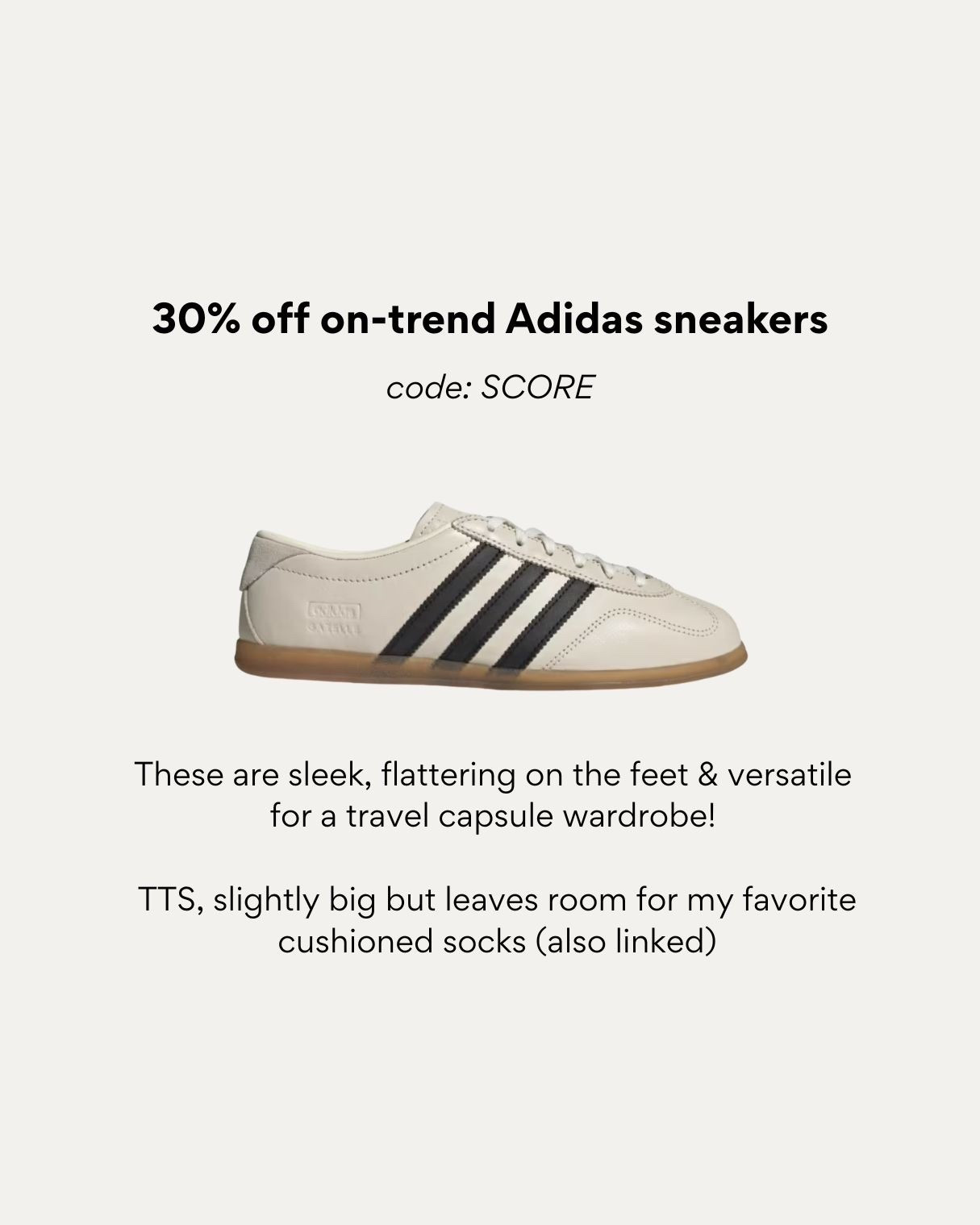 Code SCORE ends tmr! I tried size 5 - tts to slightly roomy but comfortable with my favorite cushioned lower cut ankle socks

Will share how to style these in a summer travel capsule wardrobe soon