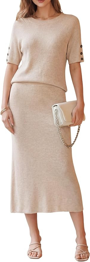 Arach&Cloz Women's Wool Blend Sweater 2 Piece Sets Business Casual Short Sleeve Top Midi Dress Ou... | Amazon (US)