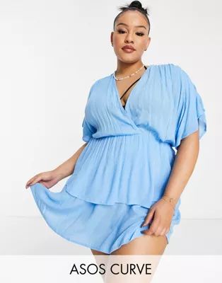 ASOS DESIGN Curve drape tiered beach cover up in blue | ASOS (Global)