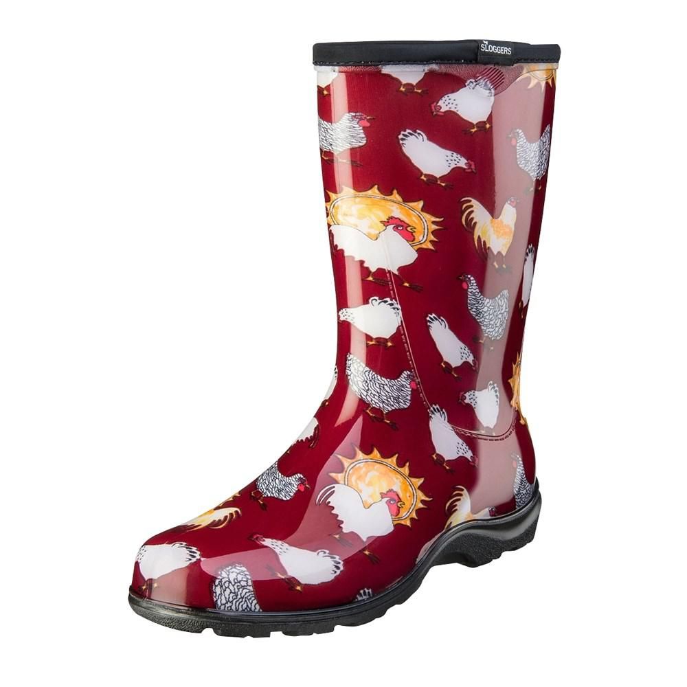 Sloggers Size 7 Barn Red Chicken Print Women's Rain and Garden Boot | The Home Depot