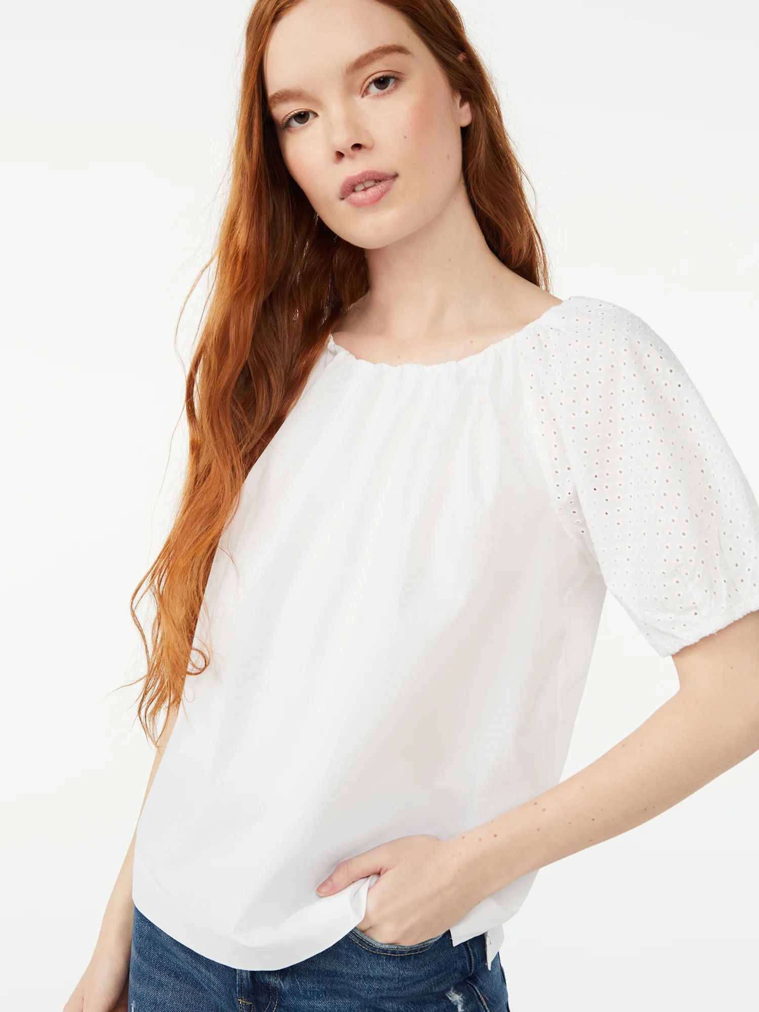 Free Assembly Women's Pleated Blouson Top with Short Sleeves | Walmart (US)