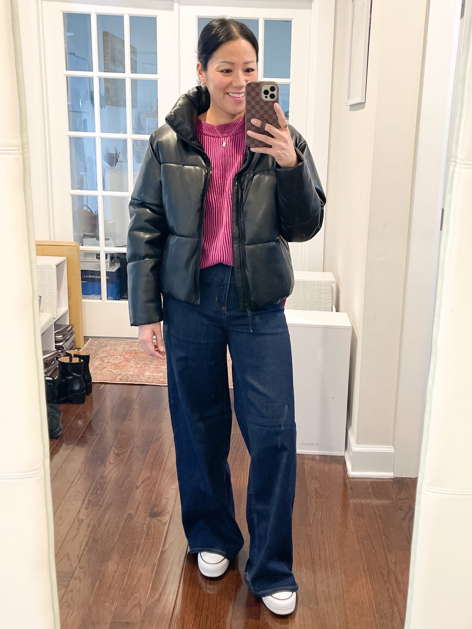 Size large sweater (thrifted)
Size small jacket
Sized up to 6 in jeans
Sneakers are true to size


#LTKootd #LTKOver40 #LTKmomlife