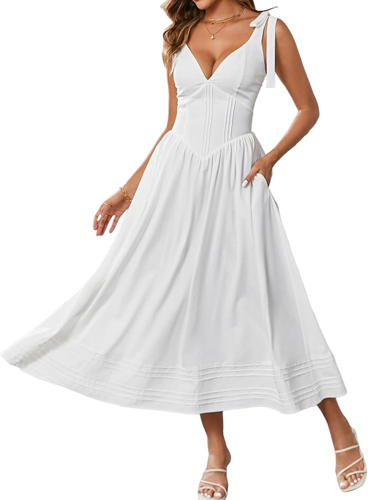 Women's Summer Midi Dress V Neck Casual Flowy A Line Sundress Wedding Guest Long Dresses with Poc... | Amazon (US)