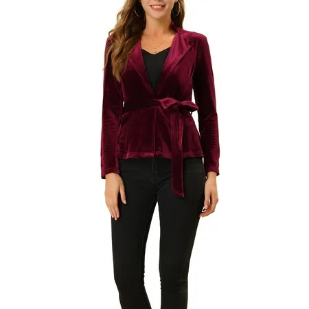 Unique Bargains Women s Office Belted Notched Lapel Long Sleeves Velvet Blazer | Walmart (US)