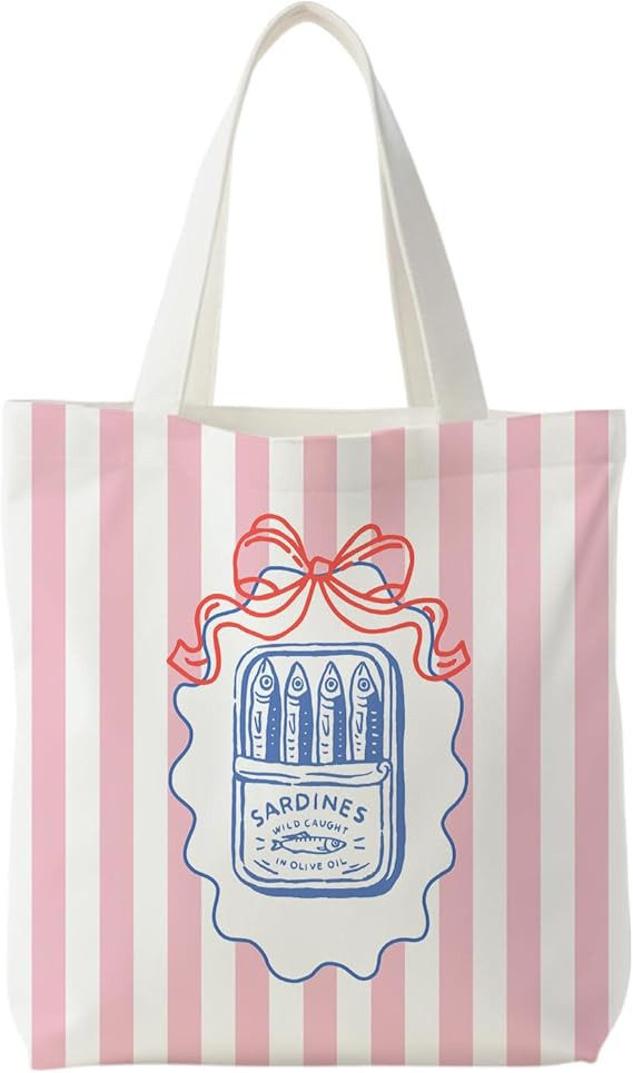 KEUSPI Coquette Tinned Sardine Blue Coastal Beach Tote Bag for Women, Preppy Pink Bow Striped Coa... | Amazon (US)