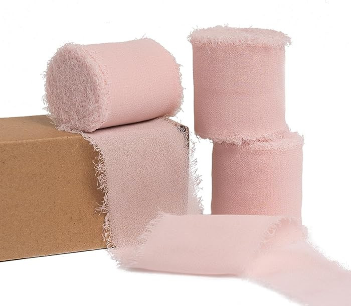 PIGETALE Blush Pink Chiffon Silk Ribbon 1.5" x 16.5 Yd Handmade Frayed Edges Fabric Ribbons, 3 Ro... | Amazon (US)