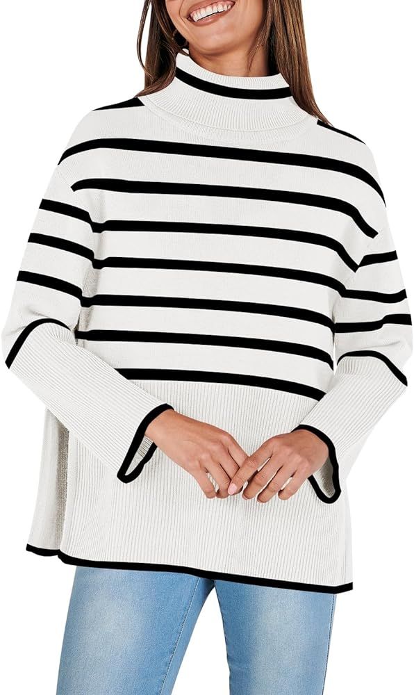 ANRABESS Women's Fashion 2023 Oversized Turtleneck Striped Trendy Sweaters Ribbed Knit Pullover S... | Amazon (US)