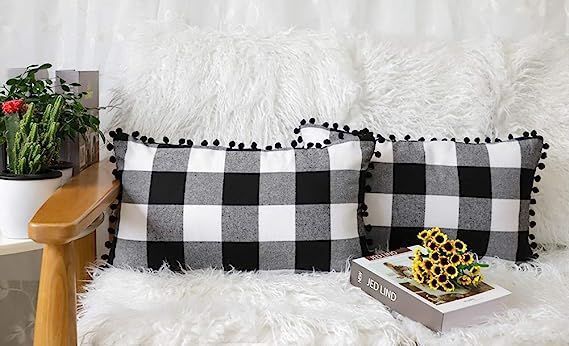 4TH Emotion Set of 2 Fall Farmhouse Buffalo Check Plaid Throw Pillow Covers with Pompoms Cushion ... | Amazon (US)
