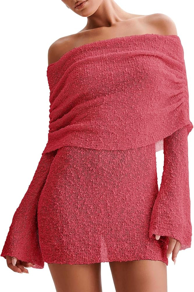 Imily Bela Womens Beach Swimsuit Cover Ups Summer Off The Shoulder Long Bell Sleeve Sheer Mini Dr... | Amazon (US)