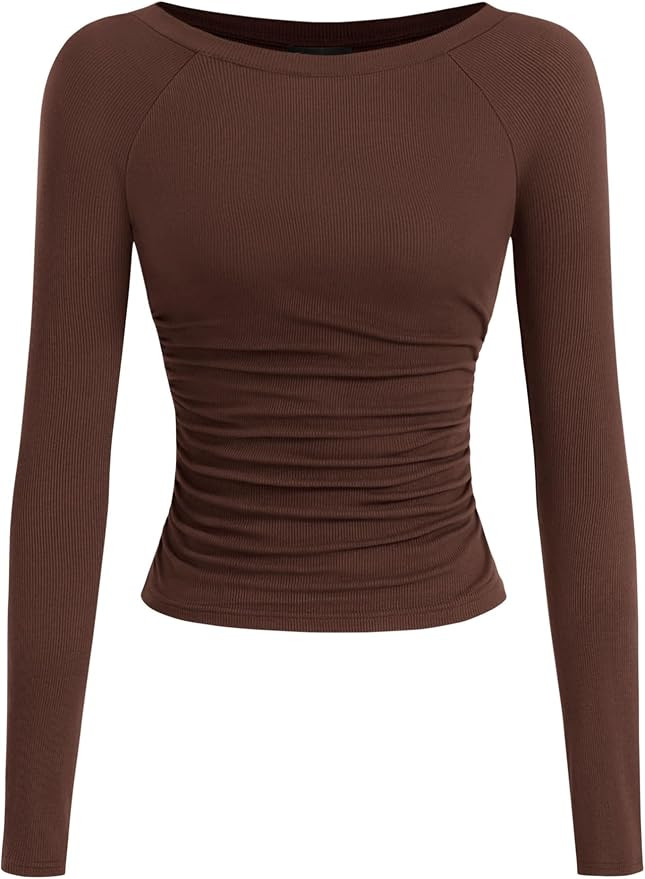 PRETTYGARDEN Long Sleeve Shirts for Women 2026 Fall Ruched Sides Boat Neck Basic Tee Casual Fitte... | Amazon (US)