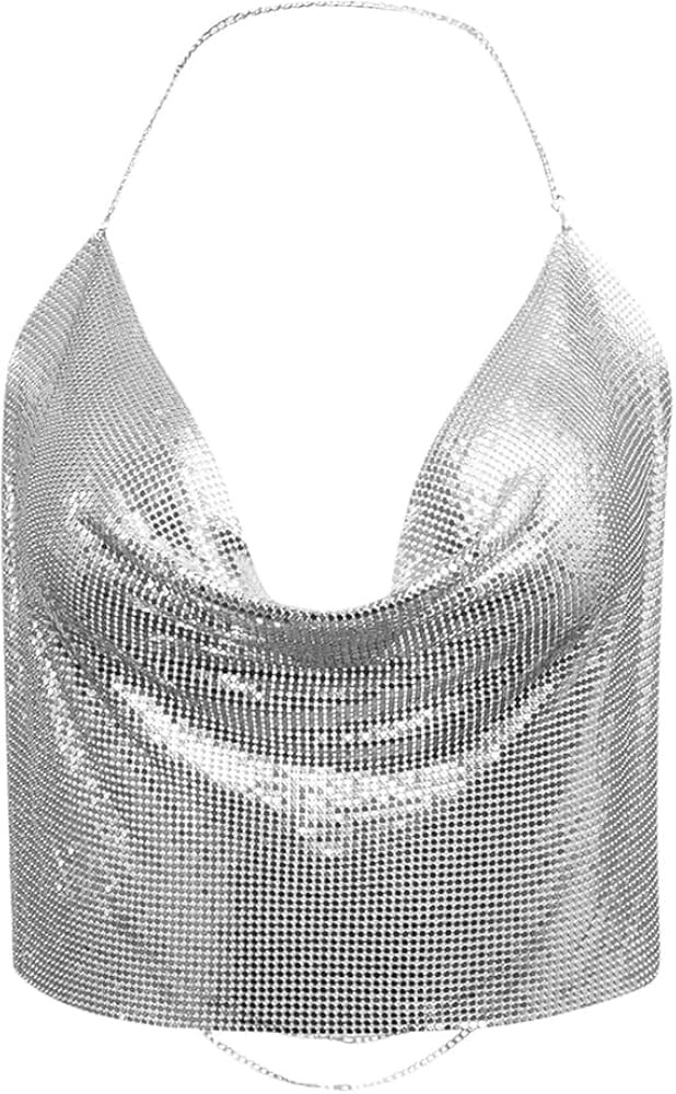 Womens Sexy Sparkly Chain Top Metallic Sequin Rhinestone Halter Backless Crop Outfit EDM Party Cl... | Amazon (US)
