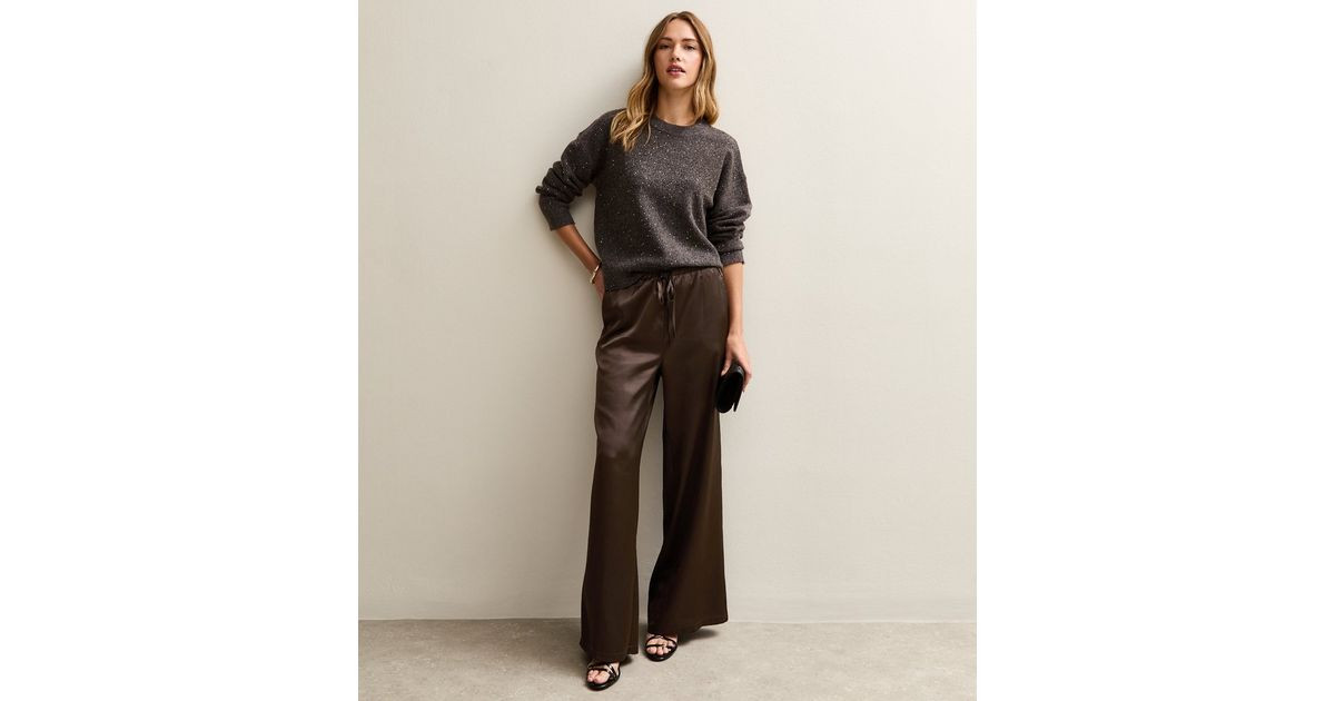 Dark Brown Satin Wide Leg Trousers | New Look | New Look (UK)