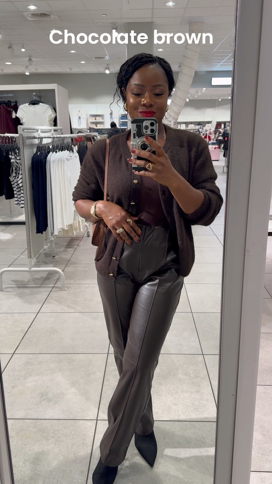 Casual chic chocolate brown outfit. Shop the look. #brownoutfit #leatherpants #cardigan 

#LTKFindsUnder100 #LTKmomlife #LTKSeasonal