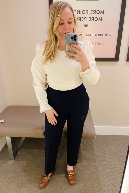 Is there any better work pant than a pull on one? Wearing a large in the photo, went with a medium to hold me in a little better. This navy isn’t a perfect match for #hocspring but better than black. Top is perfect match  

Work Pants / white top / Hoc spring 

#LTKworkwear