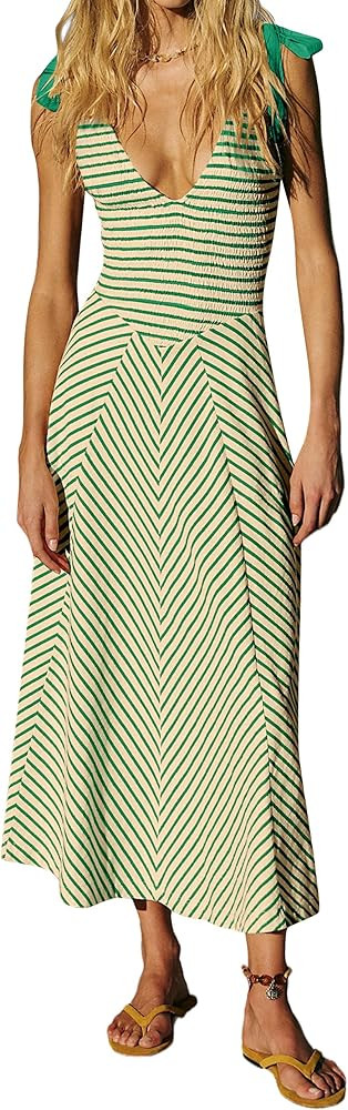 Women Casual Summer Striped Dresses Smocked V Neck Bow Beach Dress Sleeveless Sundress Beach Long... | Amazon (US)