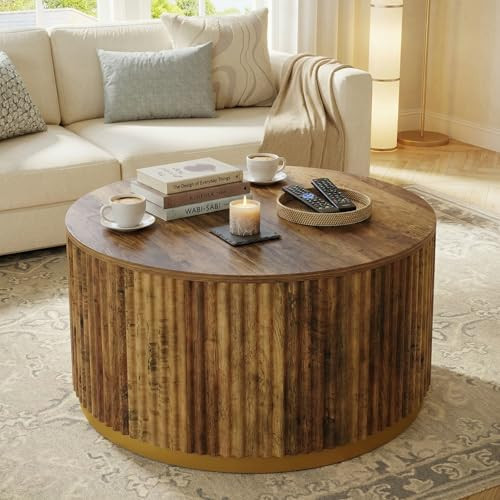 Tribesigns 31.5" Round Coffee Table, Fluted Wooden Center Table with Sturdy Drum Base, Mid Century Modern Furniture for Living Room, Small Space or Office, Rustic Brown | Amazon (US)