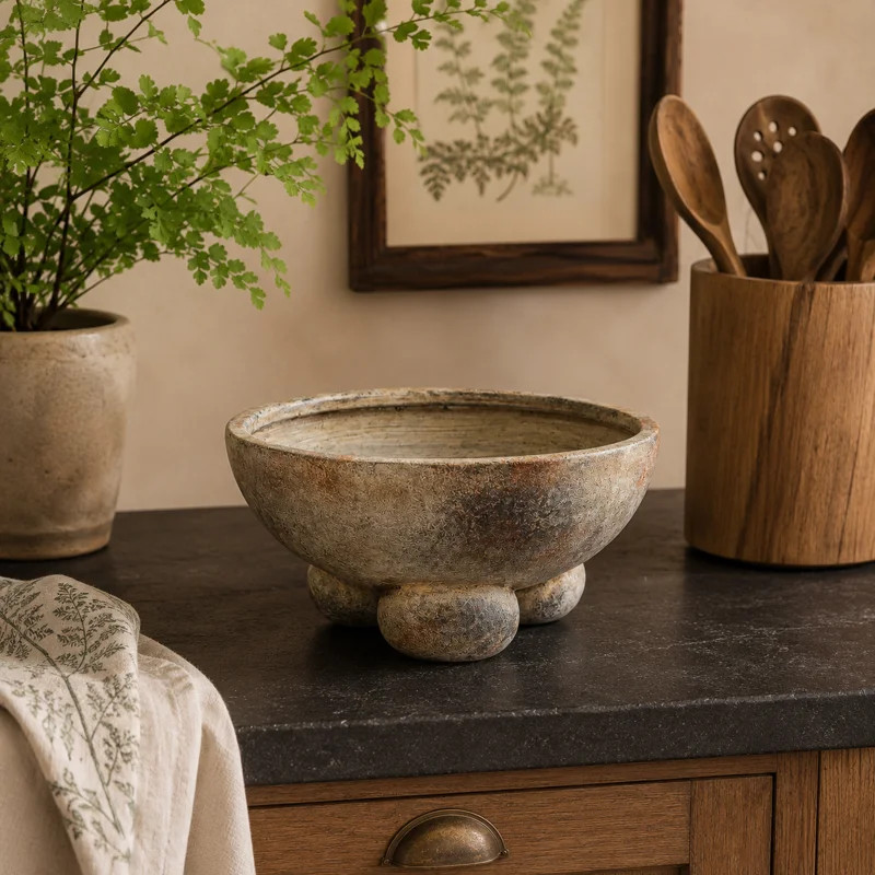 Cole and Grey Ceramic Dark Gray Large Decorative Bowl with Brown Accents and Three Round Legs | Wayfair North America