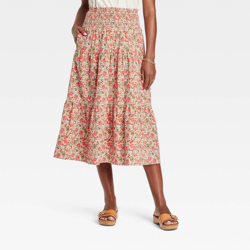 Women's High-Rise Tiered Midi A-Line Skirt - Universal Thread™ Coral Pink Floral | Target