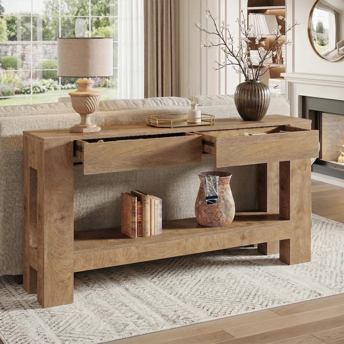 63 Inch Farmhouse Console Table With 2 Drawers, Rustic Entryway Table With Storage Shelf, Long So... | Wayfair North America