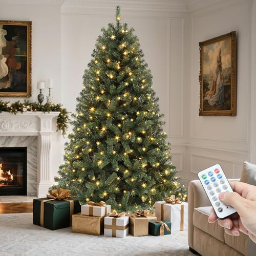 YITAHOME Pre-Lit Artificial Hinged Christmas Tree with Remote Control, 7.5ft Prelighted Spruce Xmas Tree for Home, Office, Party Decoration with 1450 Branch Tips and 550 Warm White Lights, Green | Amazon (US)