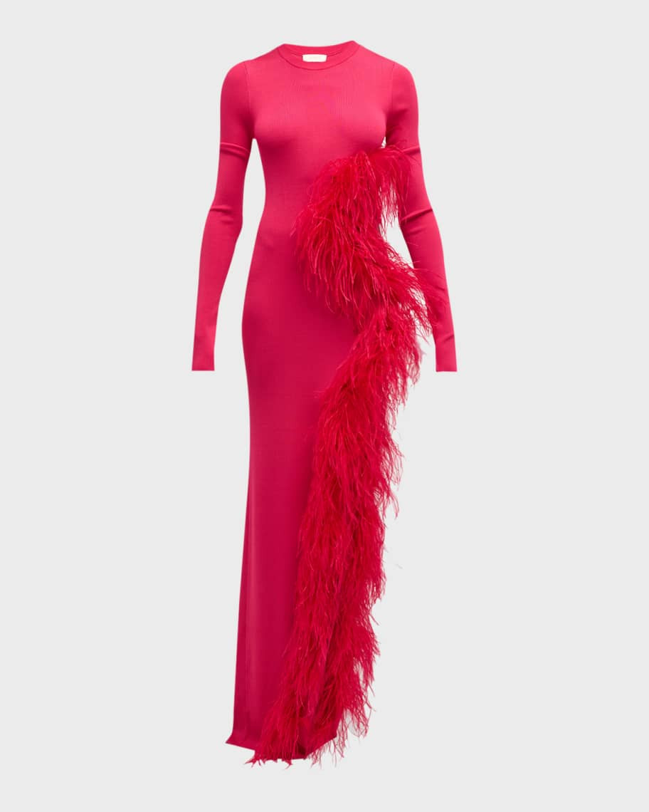 LAPOINTE Feather-Trim Cutout Long-Sleeve High Shine Viscose Maxi Dress | Neiman Marcus