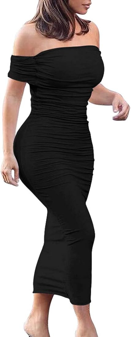 GOBLES Women's Ruched Off Shoulder Short Sleeve Bodycon Midi Elegant Cocktail Party Dress | Amazon (US)