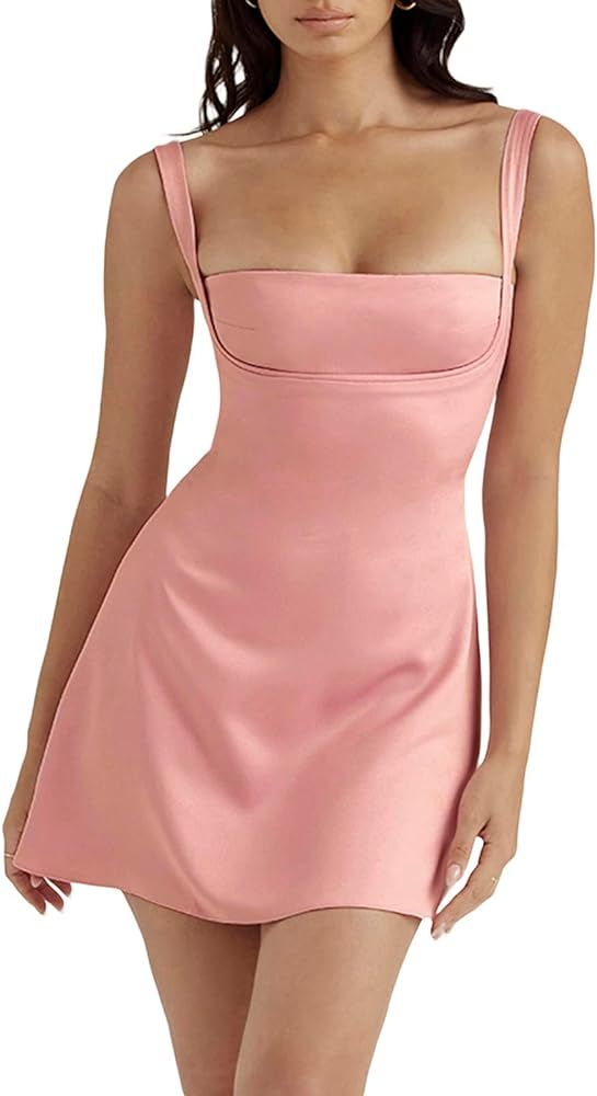 Women Y2k Bodycon Mini Dress Spaghetti Strap Backless Short Satin Dress Sexy Low Cut Lace Sundres... | Amazon (US)