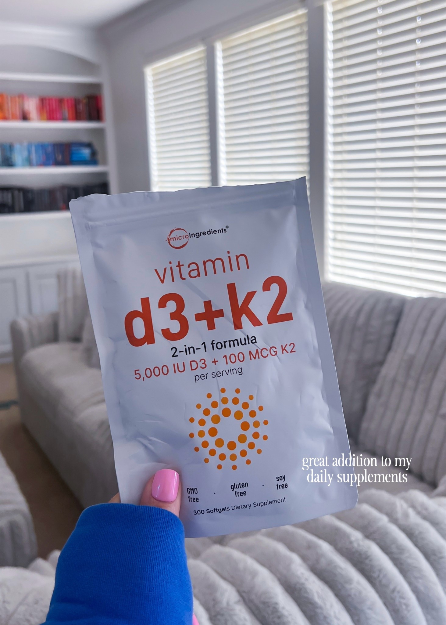 Vitamin d3 + k2 added to the daily supplements

#LTKmorningroutine #LTKdayinmylife #LTKselfcare