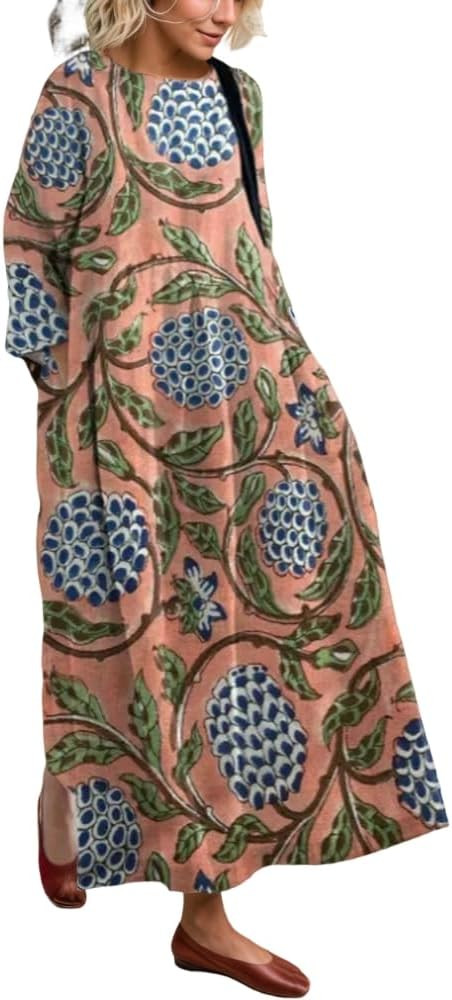 Akivide Womens Casual Loose 3/4 Sleeve Cotton Boho Floral Maxi Dresses Oversized Round Neck Long ... | Amazon (US)