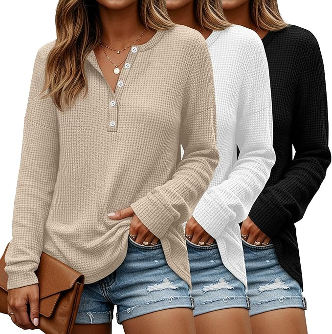 3 Pack Women's Waffle Henley Shirts Long Sleeve Tunic Tops Button up V Neck Loose Knit Casual Pul... | Amazon (US)