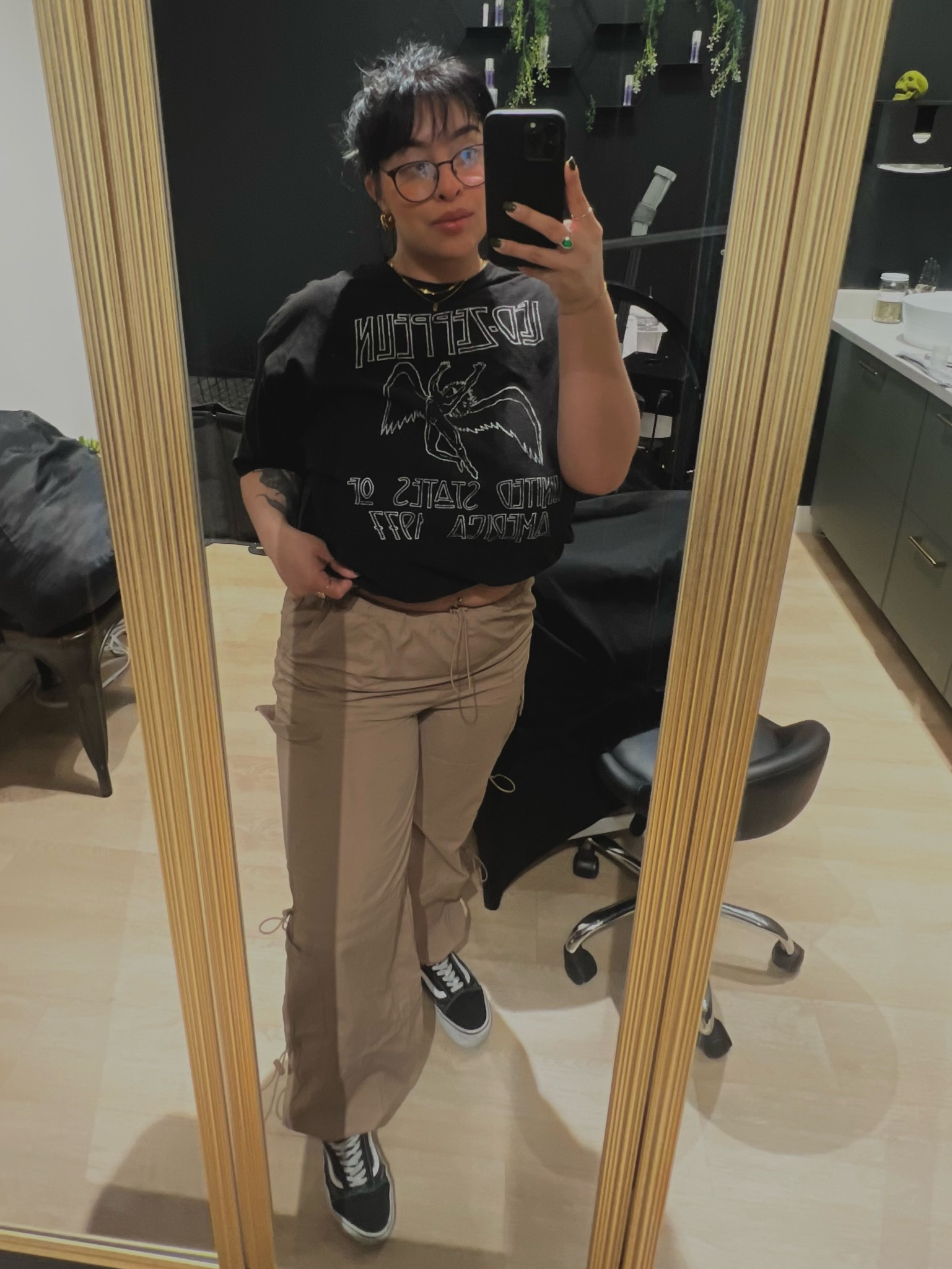 Work fit zeppelin oversized T-shirt, beige parachute pants with platform old skool skate vans and black framed glasses 

#LTKbeauty #LTKxTarget #LTKworkwear