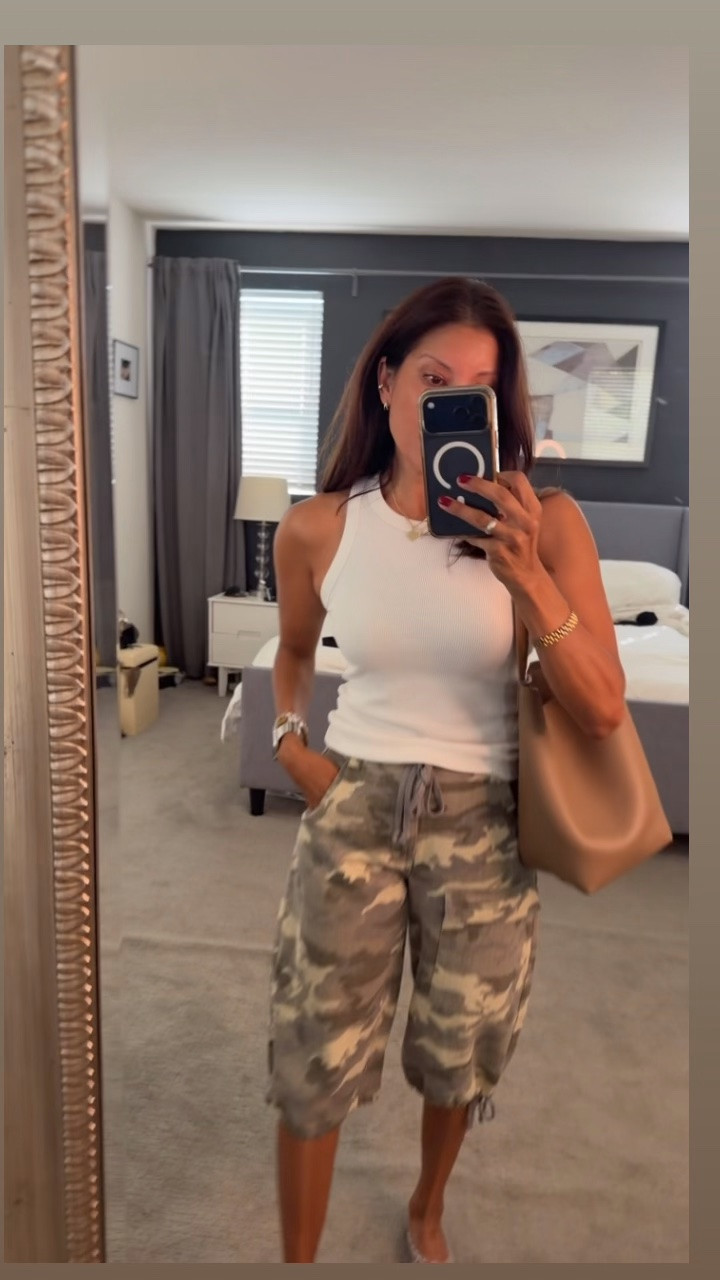 My outfit for a warm fall day 
Tank size small 
Camo shorts 2 
Over 50 style