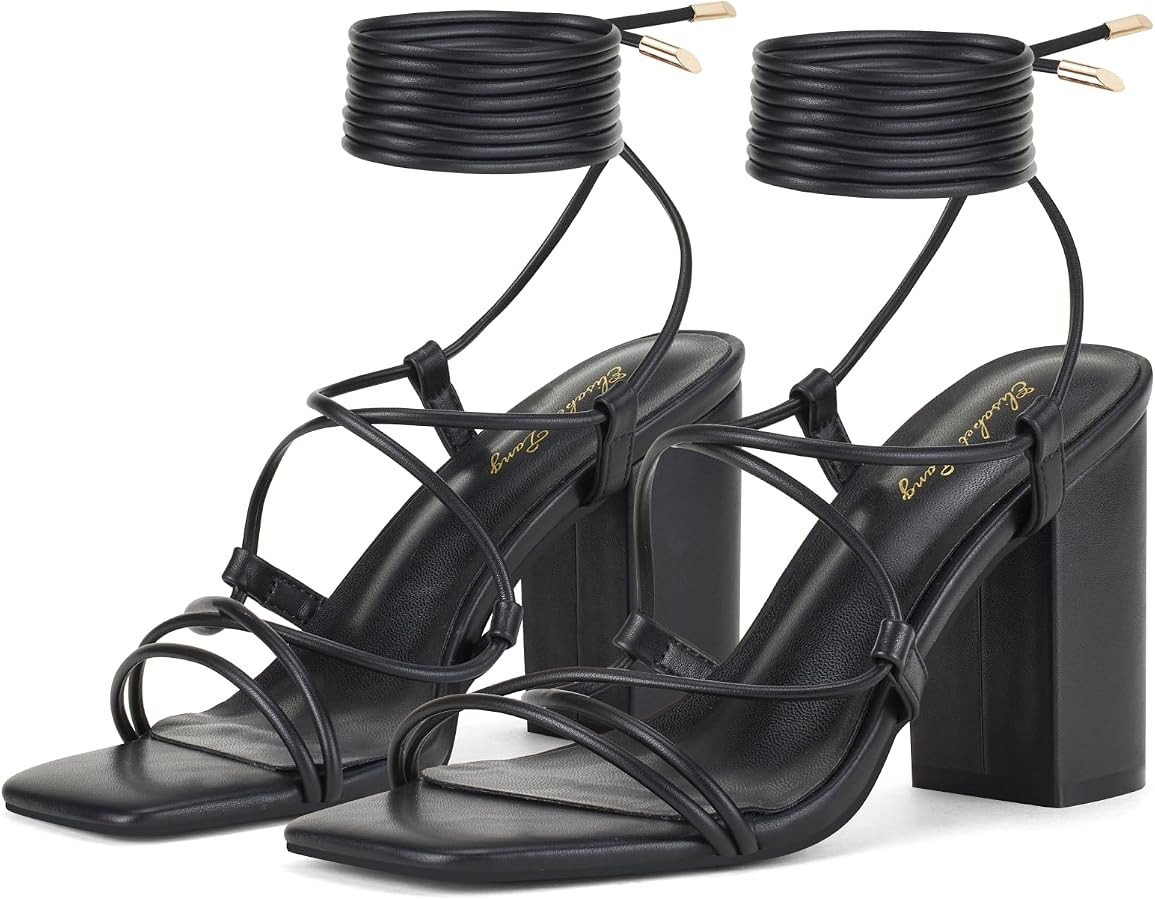 Elisabet Tang Square Toe Strappy Chunky Heels Sandals, 3 inch Women's Lace Up Low Block Heels Ank... | Amazon (US)